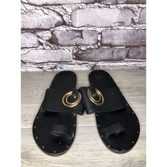 Beek Black Leather Handmade Gold Toe Ring Flats Sandals Women Sz 7M US/38EU - Picture 2 of 16